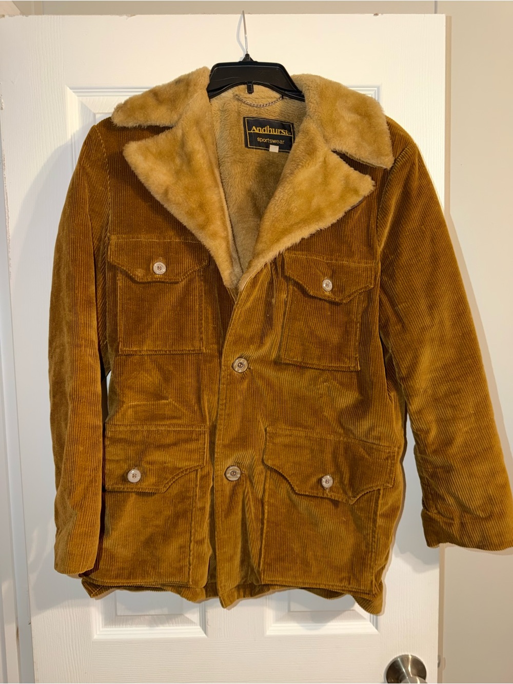 Vintage 70s Andhurst Corduroy Jacket Faux Fur Sherpa Collar Field Coat Size 38